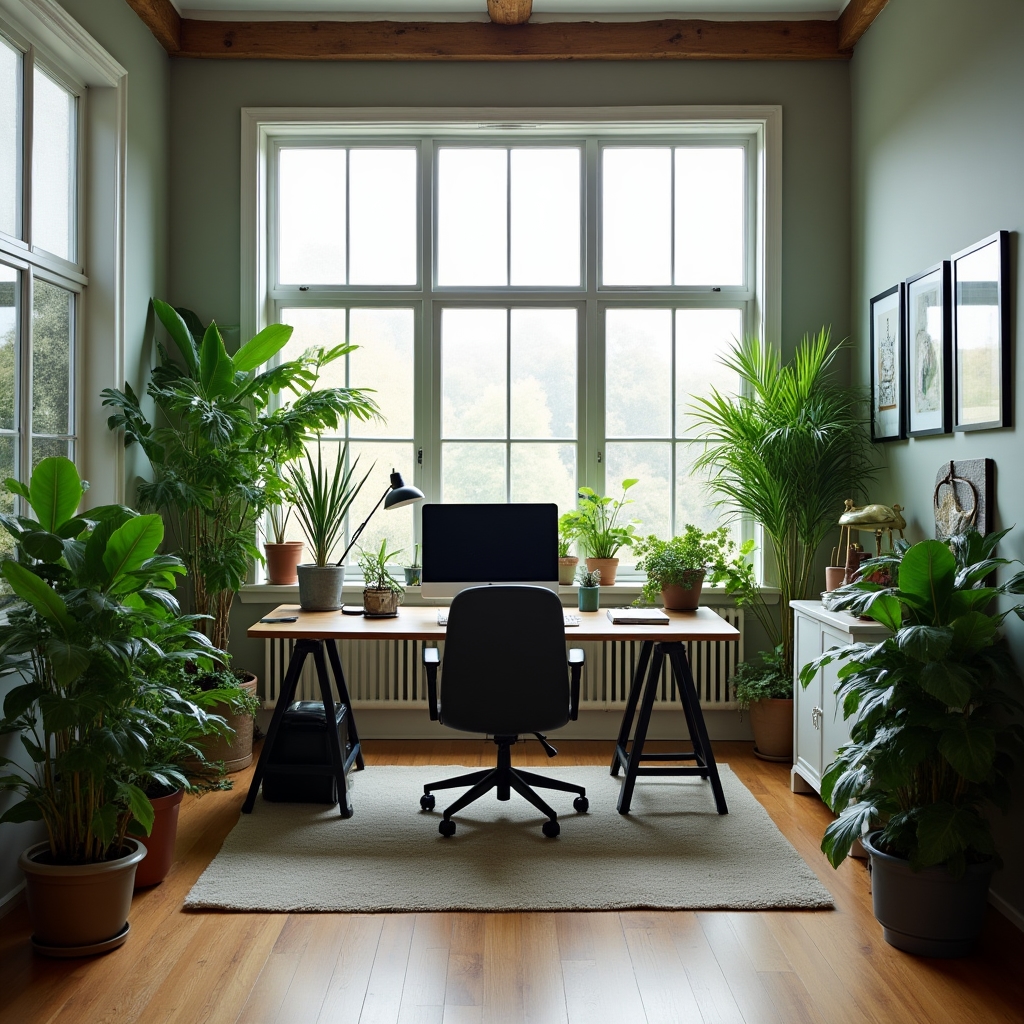 Stylish home office with thriving plants maintained by Steadmarka