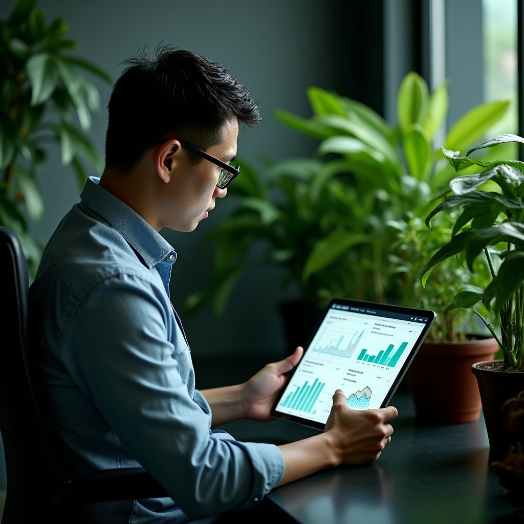 Steadmarka technician analyzing plant growth data on a tablet