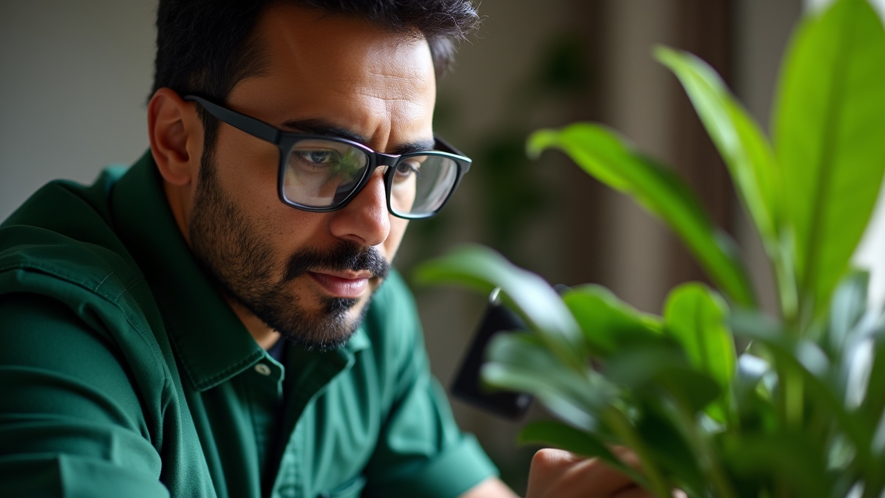Steadmarka specialist examining plant leaves for signs of health issues