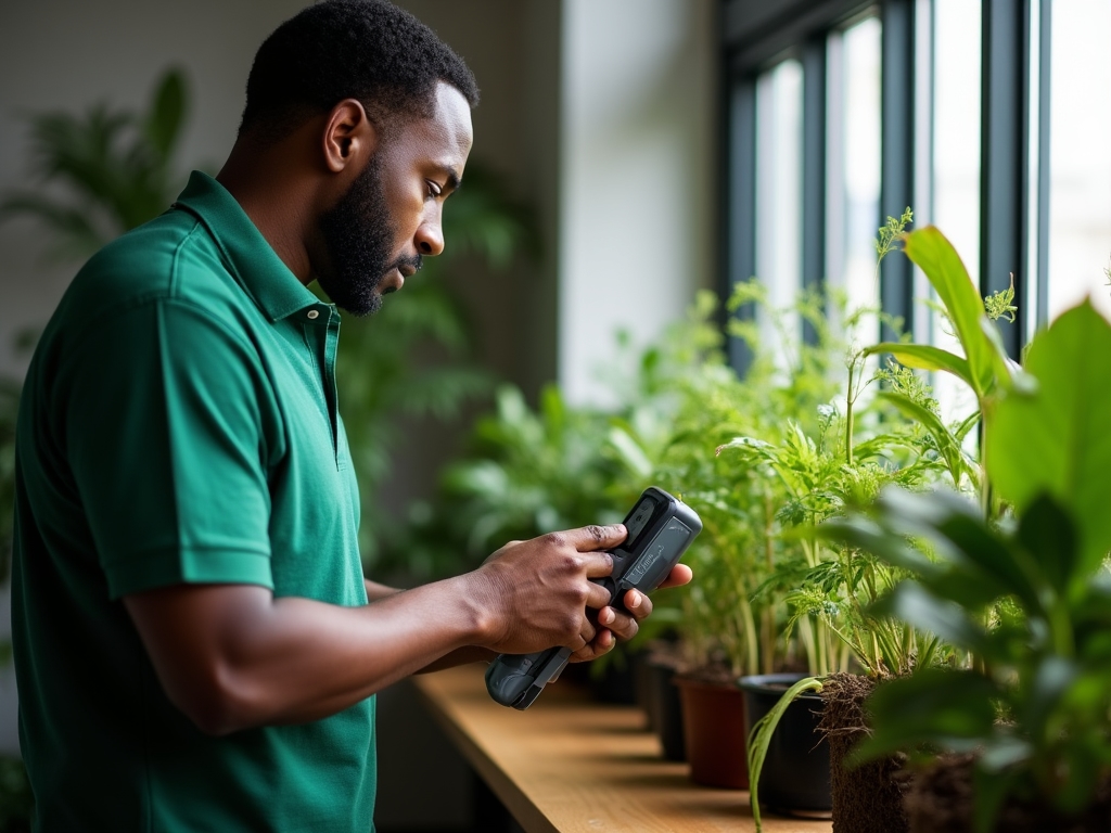 Steadmarka technician using specialized equipment to monitor plant health